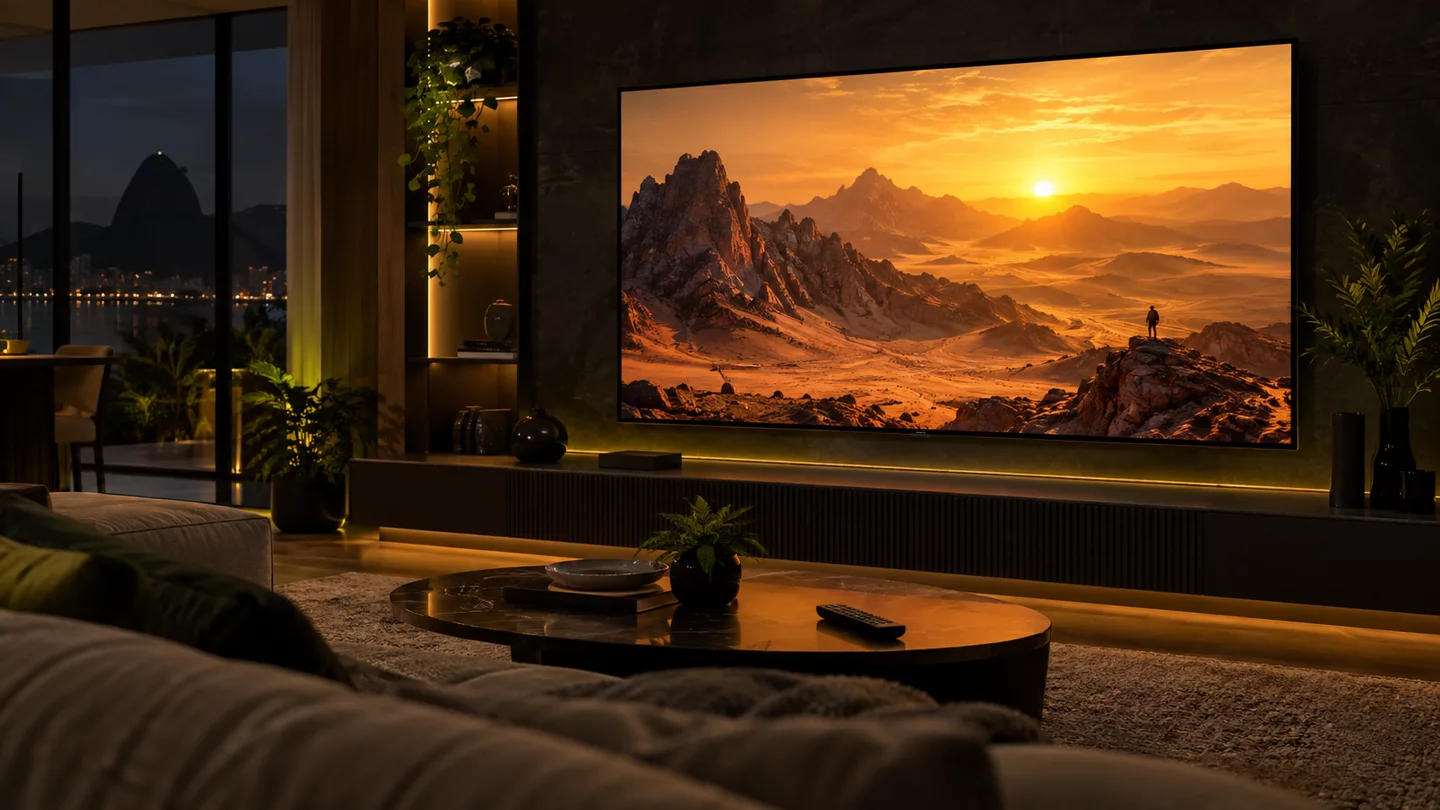 Sala com televisão exibindo uma paisagem cinematográfica ao pôr do sol; imagem ilustrativa